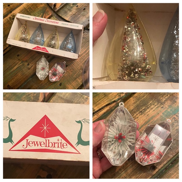 Vintage Set of 6 Jewelbrite Plastic Christmas Tree & Poinsettia Ornaments - Picture 2 of 10